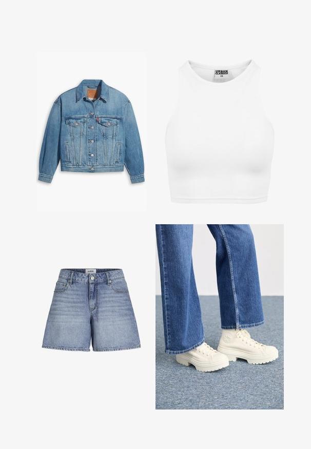 Svijetloplavi traper jakna s klasičnim dizajnom, dugmadi sprijeda i dva džepa na prsima. Ima oštar ovratnik i malo prevelike rukave.; Bela rebrasta kratka majica z visokim ovratnikom in brez rokavov. Narejena iz mehkega, elastičnega materiala za udoben fit.; Jeans kratke hlače v svetlo modri barvi, z visokim pasom, zasnovo petih žepov in ravnim krojem s strganim robom. Vidna oznaka blagovne znamke na pasu.; Bele zimske superge z debelimi, rebrastimi podplati in krožnim logotipom, oblečene z svetlo modrimi, širokimi kavbojkami.