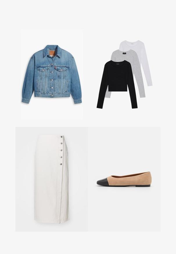Veste en denim bleu clair au design classique, fermeture à boutons à l'avant et deux poches poitrine. Dotée d'un col pointu et de manches légèrement oversize.; Trois hauts à manches longues empilés : noir, gris et blanc. Chacun a un col rond et un design court avec un tissu lisse et léger.; Jupe midi en denim blanc avec une fermeture à boutons sur le côté comportant cinq boutons métalliques et une silhouette droite. Texture lisse, design décontracté.; Ballet flat en suédine beige avec un embout rond en cuir noir, petit talon et texture lisse, présentant des coutures minimales et un design épuré.