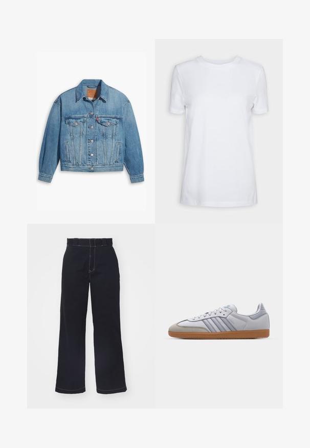 Lichtblauwe denimjas met een klassiek ontwerp, knoopsluiting aan de voorkant en twee borstzakken. Beschikt over een puntige kraag en licht oversized mouwen.; Witte korte mouwen T-shirt van katoen. Ronde hals ontwerp met een soepele textuur en geen zichtbare patronen of accenten. Basisstijl.; Donkerblauwe wijde broek van katoen met een hoge taille, met contrasterende witte stiksels en een schone, eenvoudige uitstraling.; Witte leren sneakers met lichtblauwe accenten, grijs suède neus en een bruine rubberen zool. Voorzien van drie blauwe strepen en "Samba"-branding.