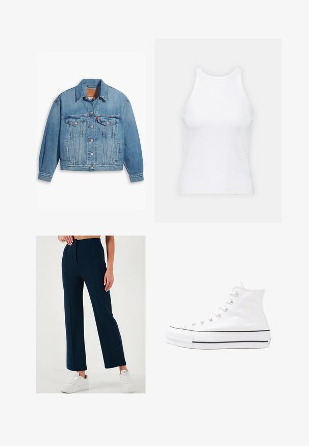 Giubbotto in denim azzurro chiaro con design classico, apertura con bottoni e due tasche sul petto. Presenta un colletto a punta e maniche leggermente oversize.; Top senza maniche bianco realizzato in tessuto a coste, caratterizzato da un collo arrotondato e una silhouette aderente, con cuciture minime e senza decorazioni.; Pantaloni a gamba larga blu navy con una superficie liscia, chiusura anteriore con bottone e due tasche laterali, abbinati a sneakers bianche.; Sneaker alta in tela bianca con suola in gomma nera, punta in gomma frontale e sei asole per i lacci, caratterizzata da un design pulito e minimalista.