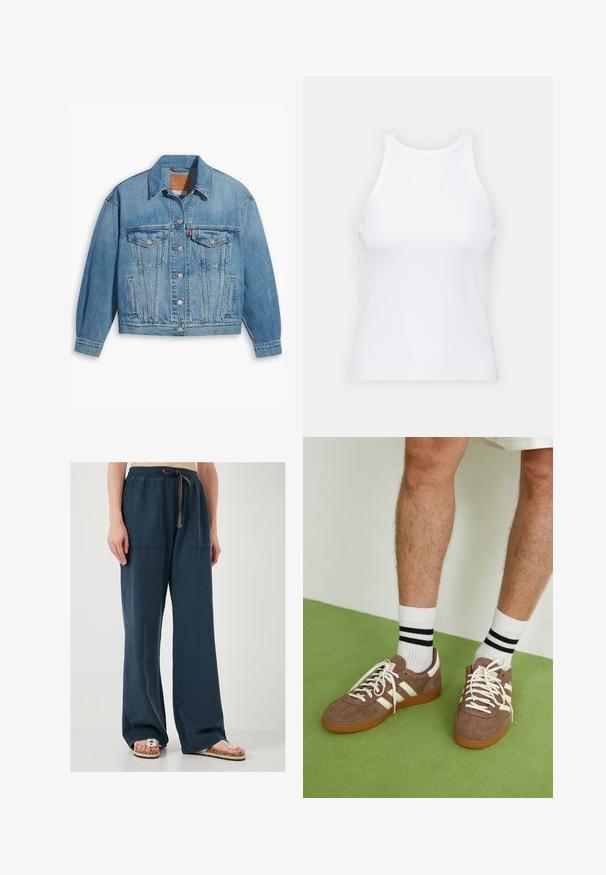 Hele sinine teksajakk klassikalise disainiga, eesnuppudega ja kahe rindkoti taskuga. Omab teravat kraed ja veidi ülekaalulisi varrukaid.; Valge ilma varrukateta T-särk, mis on valmistatud ribakangast, ümarate kaelustega ja kitseneva siluetiga, minimaalse õmbluste ning ilma kaunistusteta.; Tumed sinine laiad püksid pehmest kangast, millel on kaks esikotti, elastne vöökoht ja pael; kantud tasasandiliste sandaalidega.; Prune nahkkingad valgete aktsentide ja paeltega. Kummikummist tallad. Kandu valgeid sokke mustade triipudega. Roheline tekstuuriga põrand.