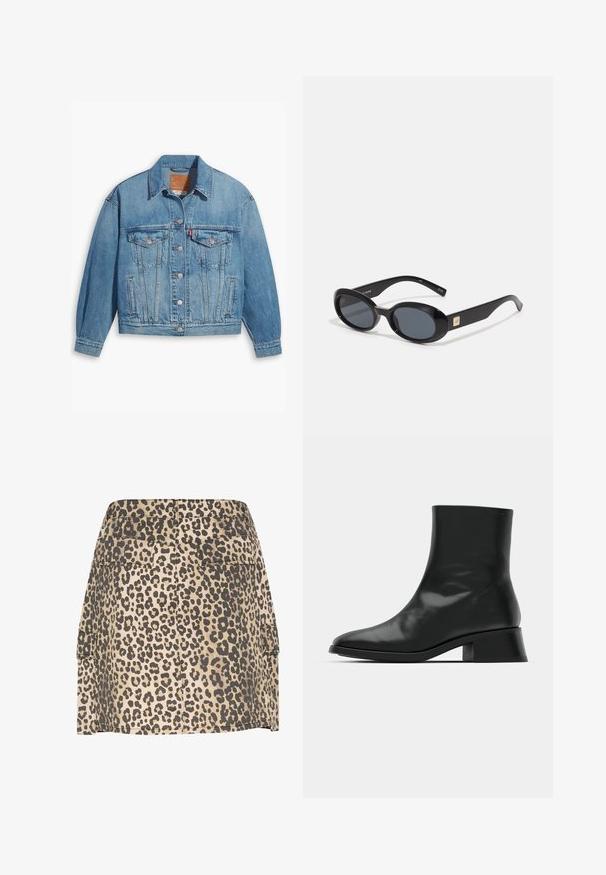Gaiši zila džinsu jaka ar klasisku dizainu, ar pogu priekšpusi un divām krūšu kabatām. Iespējas iekļauj norādītu apkakli un nedaudz pārāk lielas piedurknes.; Melna ribota tanka ikdienas krekla augšdaļa ar apaļu izgriezumu un balto izšūto logo. Audumam ir gluda tekstūra un pieguļoša forma.; Leparda raksta džinsu svārki beige un melnā krāsā, ar piegriezumu viduklī, divām aizmugurējām kabatām un taisnu apakšmalu. Tekstūrēta auduma ar izteiktu rakstu.; Melnas potītes zābaki, izgatavoti no spīdīgas ādas, ar elegantu dizainu, smailu purngalu un mērenu bloku papēdi stabilitātei.; Melni ovālas saulesbrilles ar tumšiem stikliem, spīdīga plastmasas apmale, platām kājām un nelielu zelta akcentu vienā pusē.