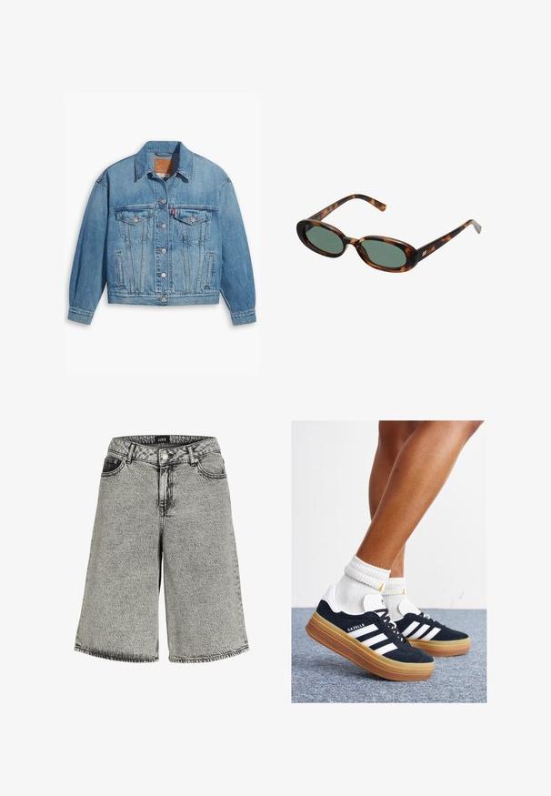 Lys blå denimjakke med klassisk design, knappestolpe foran og to brystlommer. Har spiss krage og litt oversized ermer.; Langermet, rundhalset skjorte med et svart og hvitt stripete mønster. Laget av myk stoff med normal passform. Ryddig, minimalistisk design.; Denimshorts i falmet svart med løs passform, høy midje, fem-lommemodell og synlige sømmer.; Svarte sneakers i semsket skinn med hvite striper og detaljer, rund tå, yttersåle i gummigummi, kombinert med hvite ribbestrikkede crew-sokker.; Skilpadde-skjold solbriller med ovale rammer og grønne linser. Har tynne stenger med en metallisk aksent nær hengslene.
