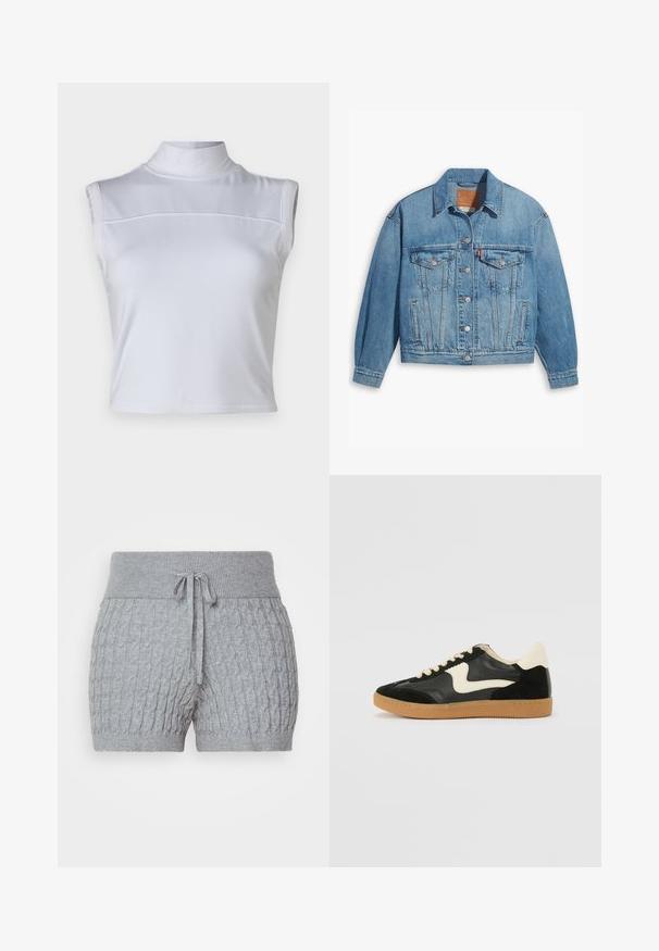 Light blue denim jacket with a classic design, button front, and two chest pockets. Features a pointed collar and slightly oversized sleeves.; White sleeveless top with a high neck, smooth texture, and a cropped design. Features a horizontal seam across the chest.; Gray knitted shorts with a textured design, featuring a ribbed waistband and adjustable drawstring. Short length, soft fabric.; Black suede and leather sneaker with a cream side swoosh and light cream heel. Features beige laces and a gum rubber outsole.