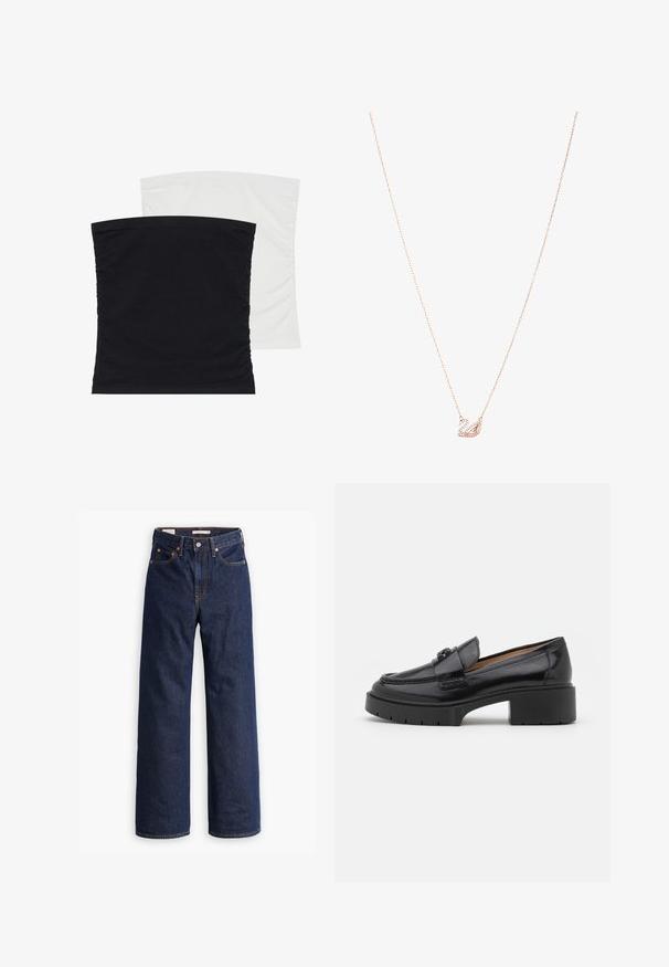 Giubbotto in denim azzurro chiaro con design classico, apertura con bottoni e due tasche sul petto. Presenta un colletto a punta e maniche leggermente oversize.; Due top in stoffa elasticizzata, uno nero e l'altro bianco, caratterizzati da un tessuto morbido e liscio e da una texture arricciata lungo i lati.; Jeans in denim blu scuro a gamba dritta con cinque tasche, cuciture arancioni e chiusura con bottoni.; Mocassino in pelle nera con tacco basso, punta rotonda, cinturino decorativo e dettaglio di cucitura a trama sulla tomaia. Finitura liscia.; Collana in oro rosa con pendente a forma di cigno, ornato con cristalli chiari. La catena presenta un delicato design a maglia.