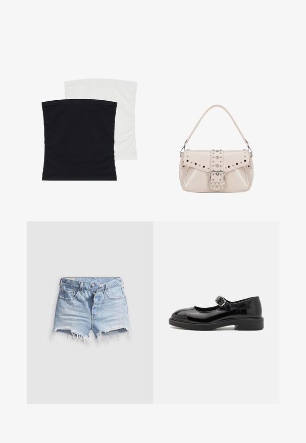 Chaqueta de denim azul claro con un diseño clásico, cierre de botones en el frente y dos bolsillos en el pecho. Presenta un cuello puntiagudo y mangas ligeramente oversize.; Dos tops de tubo elásticos, uno en negro y el otro en blanco, con tejido suave y liso y textura fruncida a lo largo de los lados.; Pantalones cortos de mezclilla azul claro con dobladillos deshilachados, cinco bolsillos y cierre de botones. La textura es suave con un aspecto ligeramente desgastado.; Zapato Mary Jane de charol negro con puntera redonda, correa con hebilla ajustable, tacón bajo en bloque y acabado liso y brillante.; Bolso de mano de cuero beige con una forma estructurada. Presenta una solapa plegable, herrajes plateados, tachuelas y un acento de hebilla en la parte frontal.