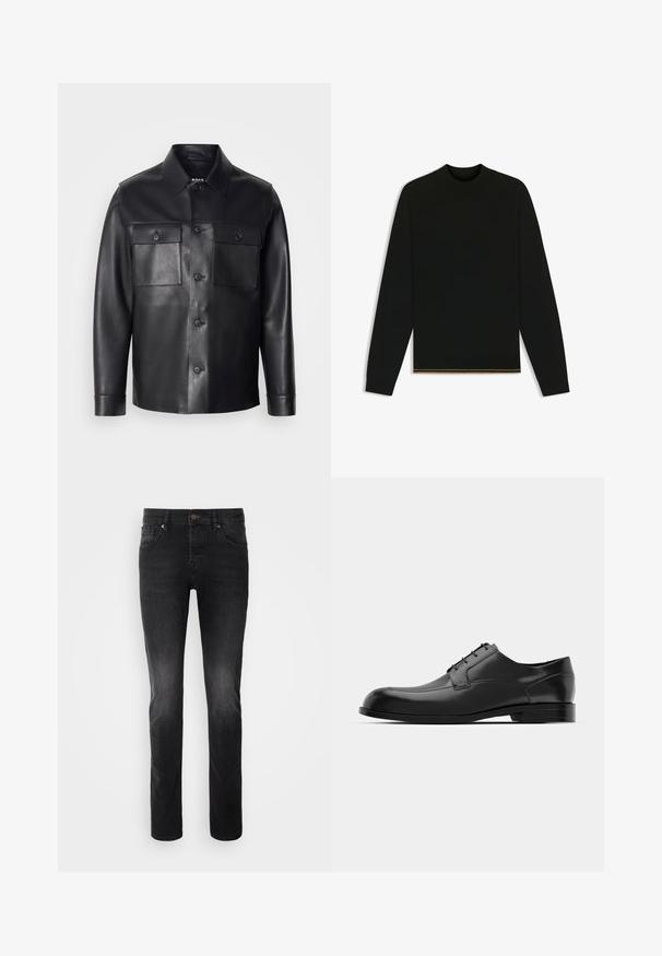 Black leather jacket with a button-up front, two chest pockets, and a classic collar. Features a smooth texture and tailored fit.; Black knit sweater with long sleeves and a high neck. Features a gold accent at the hem. Smooth texture and fitted design.; Black denim jeans with a straight cut, featuring a button closure, five pockets, and a slight fade effect on the fabric.; Black leather dress shoe featuring a rounded toe, smooth texture, minimal seams, and a flat sole with subtle branding on the heel.