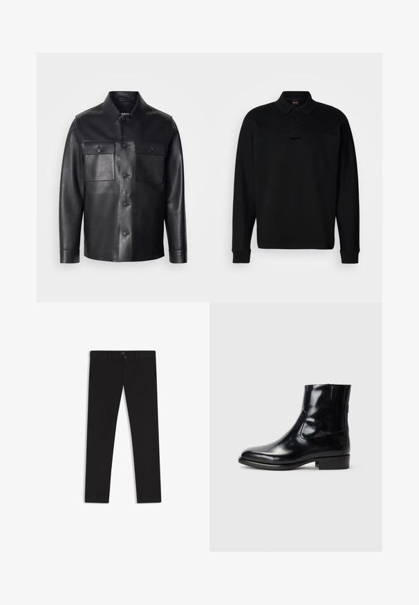 Svart läderjacka med knäppning fram, två bröstfickor och klassisk krage. Har en slät textur och skräddarsydd passform.; Svart långärmad polo-shirt i mjukt tyg, med en knappad krage och subtil logotyp på bröstet. Ribbad mudd är närvarande.; Svarta byxor gjorda av tyg med en slät textur. Har en knäppning med knapp, bälteshällor och sidofickor. Standard rakt ben-design.; Svarta läderskor som går upp till ankeln, med en glansig finish, slimmad design och rund tå. Utformade med elastiska sidopaneler och en låg blockklack.