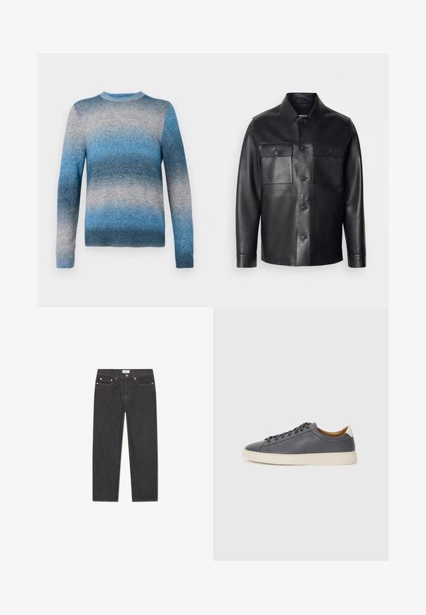 Fekete bőrkabát gombos elülső résszel, két mellzsebbel és klasszikus gallérral. Simaságot és testhezálló szabást kínál.; Kék színátmenetes pulóver puha anyagból, kerek nyakkivágással, hosszú ujjal és bordás szegéllyel. A színek világos kéktől sötétkékig terjednek.; Sötét farmernadrág egyenes szabású dizájnnal, öt zsebes stílusban, fémből készült kiegészítőkkel és finom textúrával; minimális márkajelzés a derékszíjon.; Szürke bőr sportcipő kerek orral, gumitalppal, lapos fűzőkkel és világos színű részletekkel a sarkán. Simás textúrával és minimalista dizájnnal rendelkezik.