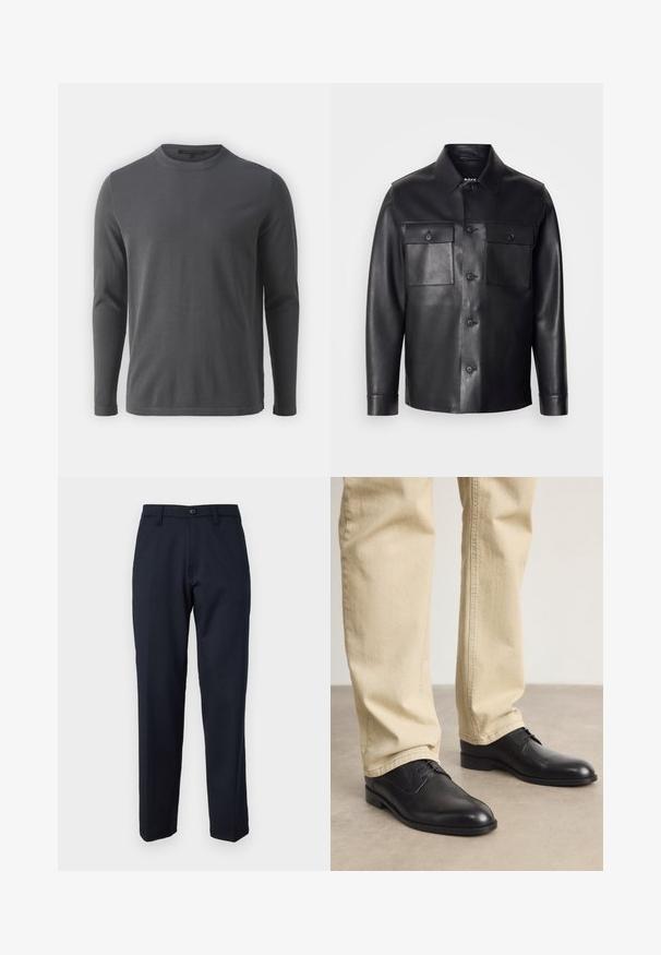 Czarna skórzana kurtka z zapięciem na guziki z przodu, dwiema kieszeniami na piersi i klasycznym kołnierzem. Posiada gładką fakturę i dopasowany krój.; Szara, długorękawowa koszula z miękkiego materiału. Posiada okrągły dekolt, prosty dół oraz minimalistyczny design bez wzorów czy akcentów.; Granatowe spodnie wykonane z gładkiego materiału, z przodem zapinanym na guzik, prostym kroju i kieszeniami bocznymi. Brak widocznych wzorów i zdobień.; Czarne skórzane buty na sznurówki z zaokrąglonym czubkiem, gładkim wykończeniem i subtelnymi detalami szycia, noszone z jasnobeżowymi spodniami.