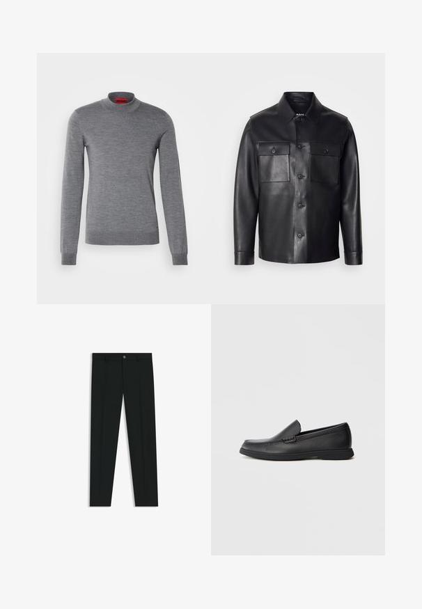 Giacca di pelle nera con chiusura a bottoni, due tasche sul petto e colletto classico. Presenta una texture liscia e un taglio su misura.; Maglione grigio a maglia con maniche lunghe e collo alto. Presenta una texture liscia e una leggera lucentezza, con un'etichetta rossa del brand sul colletto.; Pantaloni neri in tessuto lisci, con design a gamba dritta. Presentano una chiusura frontale con bottone e passanti per cintura. Senza fantasie.; Mocassino slip-on in pelle nera con sopra testurizzato, punta arrotondata, tacco basso e suola in gomma, mostrato in profilo laterale su sfondo bianco.
