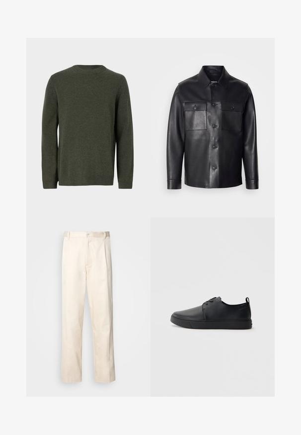 Čierna kožená bunda s gombíkovou prednou časťou, dvoma náprsnými vreckami a klasickým golierom. Vyznačuje sa hladkou textúrou a prispôsobeným strihom.; Tmavozelený pletený sveter s okrúhlym výstrihom, dlhými rukávmi a rebrovanými manžetami a lemom. Hladká textúra so súvislým vzorom.; Béžové bavlnené nohavice so strihom rovného nohu, s gombíkovým zapínaním a záhybmi vpredu pre pridanie detailu.; Čierne kožené tenisky s hladkým povrchom, zaoblenou špičkou, tonálnym šitím, šnurovaním vpredu a plochou gumovou podrážkou. Obojok na päte.