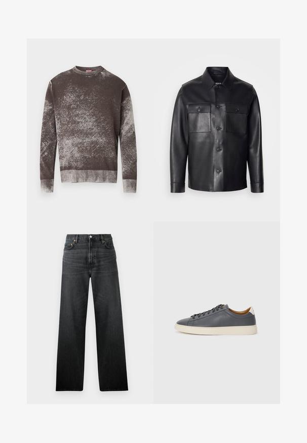 Melna ādas jaka ar pogu priekšpusi, divām krūšu kabatām un klasisku apkakli. Iespējo gludu tekstūru un pieguļošu piegriezumu.; Brūns un pelēks plankumains garu piedurkņu džemperis ar apaļu kakla izgriezumu, ribota apdare uz aprocēm un apakšējā malā, priekšpusē maza izšūta logo.; Melnu džinsu ar taisnā kāju dizainu, aprīkoti ar piecām kabatām un pogu aizdari. Audumam ir neliela spīduma un redzama tekstūra.; Pelēki ādas sporta apavi ar apaļu purngalu, gumijas zoli, plakanu auklu un gaišiem akcentiem uz papēža. Gluda tekstūra un minimālistisks dizains.