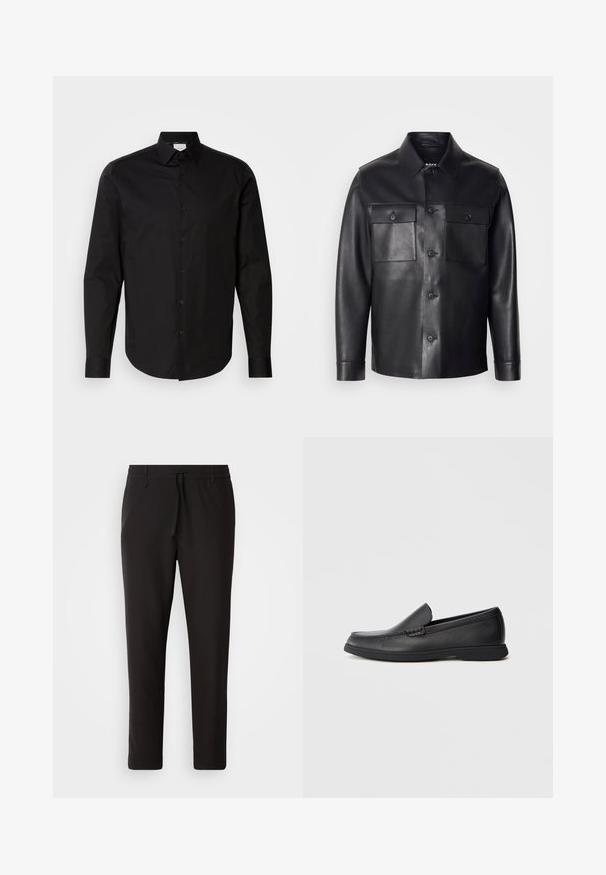 Giacca di pelle nera con chiusura a bottoni, due tasche sul petto e colletto classico. Presenta una texture liscia e un taglio su misura.; Camicia nera a maniche lunghe con bottoni, realizzata in morbido cotone. Presenta un colletto classico, bottoni frontali e un orlo curvo.; Pantaloni jogger neri realizzati in tessuto liscio. Presentano una vita elasticizzata con stringa, gambe affusolate e senza tasche visibili. Design semplice.; Mocassino slip-on in pelle nera con sopra testurizzato, punta arrotondata, tacco basso e suola in gomma, mostrato in profilo laterale su sfondo bianco.