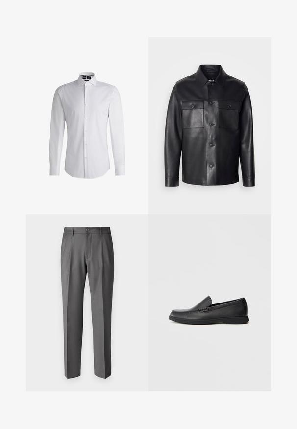 Černá kožená bunda s knoflíkovým zapínáním, dvěma náprsními kapsami a klasickým límcem. Vyznačuje se hladkou texturou a přiléhavým střihem.; Bílá košile s dlouhým rukávem na knoflíky a špičatým límcem, vyrobená z hladké látky. Má zakřivený spodní lem a perleťové knoflíky na přední straně.; DRYKORN LEEK - Kalhoty - grey; Černé kožené slip-on mokasíny s texturovaným svrškem, zaoblenou špičkou, nízkým podpatkem a gumovou podrážkou, zobrazené v bočním profilu na bílém pozadí.