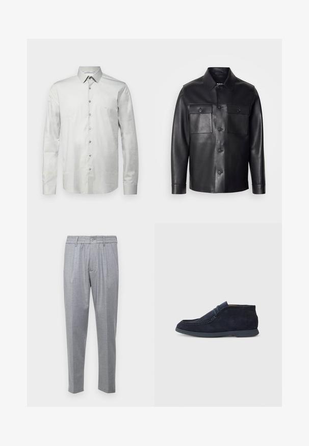 Melna ādas jaka ar pogu priekšpusi, divām krūšu kabatām un klasisku apkakli. Iespējo gludu tekstūru un pieguļošu piegriezumu.; Gai pelēks garām piedurknēm krekls, izgatavots no gluda auduma, ar pogām priekšpusē, pogājamu apkakli un smalku logo izšuvumu uz krūškurvja.; Gai pelēki bikses ar teksturētu audumu, ar krokām, klasisku jostasvīru un sašaurinātām kājām. Pogas aizdare priekšā.; Jūras spēku zilo zamšādas chukka zābaku ar noapaļotu purngalu un izšūšanas detaļām. Iezīmē gludu gumijas zoli un minimālisma dizainu bez redzamas zīmola identifikācijas.