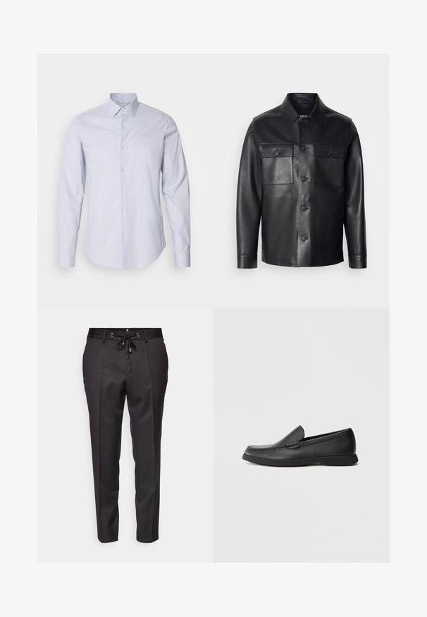 Must musta jakk, millel on nööbiga esikülg, kaks rinnataskut ja klassikaline krae. Omab siledat tekstuuri ja rõivast sujuvalt vormitud.; Heled sinine pika varrukaga nööbiga särk, millel on peened valged vertikaalsed triibud, klassikaline krae ja nööbikinnitus koos mansettide detailidega.; Mustad mustra, nööbiga vöökoht, plisseeritud etteosa ja mansetiga ääred. Valmistatud siledast kangast, mis tagab struktureeritud istuvuse.; Mustast nahast slip-on loafer, millel on tekstureeritud ülemine osa, ümar varvas, madal konts ja kummist tallad, esitatud külgprofiilis valgel taustal.