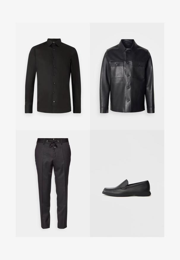 Black leather jacket with a button-up front, two chest pockets, and a classic collar. Features a smooth texture and tailored fit.; Black long-sleeve shirt made of smooth fabric; features a spread collar, front buttons, and tailored cut. Simple, solid color with no patterns.; Black tailored pants with a drawstring waistband, pleated front, and cuffed hems. Made from smooth fabric with a structured fit.; Black leather slip-on loafer with textured upper, rounded toe, low heel, and rubber sole, shown in side profile on white background.