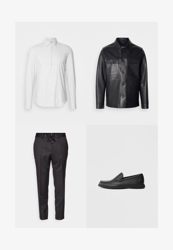 Juodas odinis švarkas su mygtukų uždarymu, dviem krūtinės kišenėmis ir klasikiniu apykakle. Išsiskiria sklandžiu tekstūros ir pritaikytu siluetu.; Balta ilgomisRankovėmis marškinių su subtiliomis vertikaliomis juostelėmis, klasikinis apykaklė ir išlenkti kraštai, pasižymintys lygiu paviršiumi ir standartiniu kirpimu.; Juodos prisiūtos kelnės su raišteliu juosmenyje, su plisuota priekiu ir sutrauktu apvadu. Pagamintos iš lygaus audinio, kuris suteikia struktūrizuotą siluetą.; Juodas odinis slip-on loafer'as su tekstūruotu paviršiumi, apvaliu pirštu, žemu kulnu ir guminėmis padais, parodytas šoniniame profilyje ant balto fono.