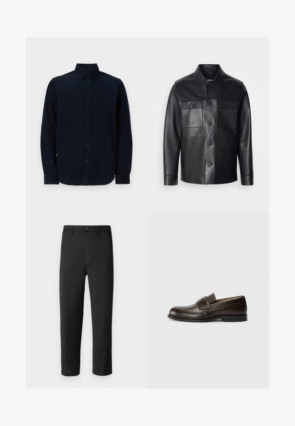 Crna kožna jakna s dugmadi sprijeda, dva džepa na prsima i klasičnom kragnom. Ima glatku teksturu i kroj prilagođen tijelu.; Tamno plava košulja dugih rukava od teksturiranog materijala, s dugmadi na prednjoj strani, ošiljenim kragnom i dugmadima na manžetama.; Crne hlače ravnog kroja, izrađene od glatkog materijala. Imaju zatvaranje na dugme i petlje za remen. Nema vidljivih uzoraka ili akcenta.; Calvin Klein Obuća za navlačenje - cocoa brown