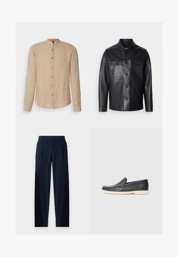 Juodas odinis švarkas su mygtukų uždarymu, dviem krūtinės kišenėmis ir klasikiniu apykakle. Išsiskiria sklandžiu tekstūros ir pritaikytu siluetu.; Šviesiai rusvas lino marškinis su ilgomis rankovėmis, mandarinų apykakle ir priekine mygtukų uždarymo sistema. Lygus paviršius ir subtilus blizgesys. Apvalus apatinis kraštas su šoninėmis plyšiais.; Tamsiai mėlyni kelnių su lygiu paviršiumi, plačiomis kojomis, priekiniais raukiniais, diržo kilpelėmis ir užtrauktuku. Tinka tiek formaliam, tiek kasdieniam dėvėjimui.; Juodi odiniai batus be raištelių, turintys tekstūruotą paviršių ir kontrastingą smėlio spalvos gumos padai. Yra subtilus akcentas priekyje.
