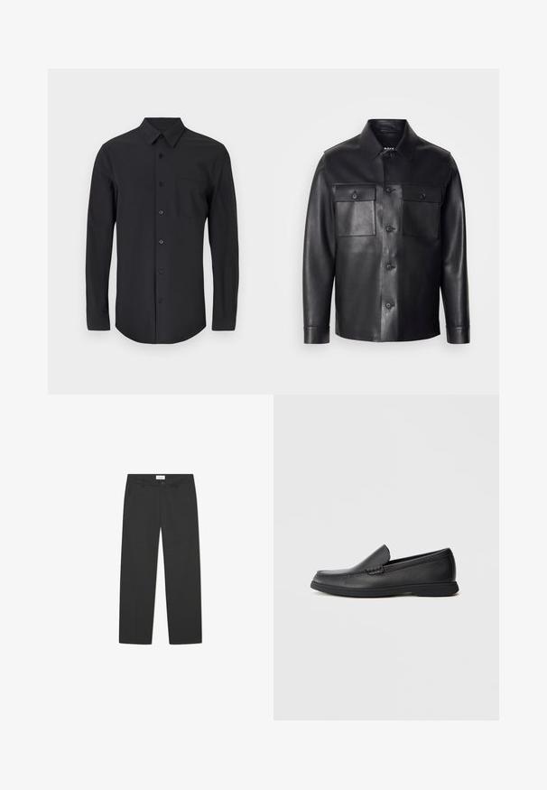 Zwarte leren jas met een knoopsluiting aan de voorkant, twee borstzakken en een klassieke kraag. Heeft een gladde textuur en een getailleerde pasvorm.; Zwarte langslavend shirt in een gladde stof met een klassieke kraag, knoopsluiting en een borstzak aan de linkerkant.; Zwarte broek van lichtgewicht stof. Heeft een rechte pijpdesign met een vlakke voorkant, zijzakken en een discreet tailleband.; Zwarte leren instaploafer met een textuur bovenwerk, ronde neus, lage hak en rubberen zool, weergegeven in zijprofiel op een witte achtergrond.