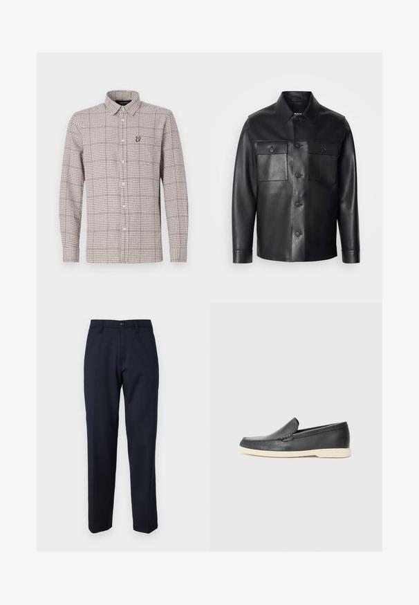 Musta nahkatakki napitettava etuosa, kaksi rintataskua ja klassinen kaulus. Ominaisuuksiin kuuluu sileä pinta ja räätälöity malli.; Ruudullinen nappipaita vaaleanbeigeinä ja ruskeina, jossa on pitkät hihat, kaulus ja pieni brodeerattu logo rintataskussa.; Meriinisinisiä housuja, jotka on valmistettu sileästä kankaasta. Niissä on etuvetoketju, suorat lahkeet ja sivutaskut. Ei näkyviä kuvioita tai koristeita.; Mustat nahkakengät ilman nauhoja, joissa on teksturoitu pinta ja kontrastoiva beige kumipohja. Kengissä on hillitty yksityiskohta etuosassa.
