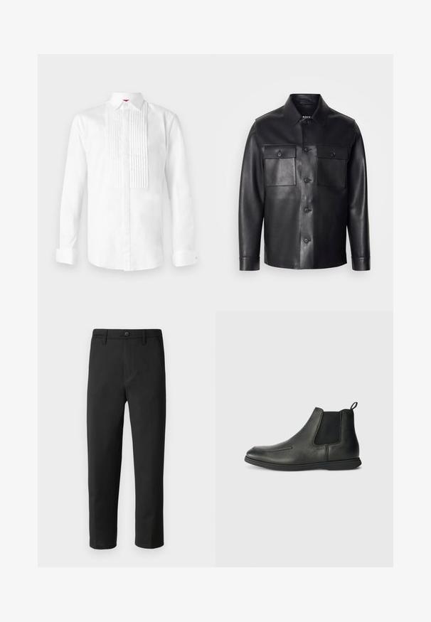 Črna usnjena jakna z zapenjanjem na gumb, dvema žepoma na prsih in klasičnim ovratnikom. Ponuja gladko teksturo in prilagojen kroj.; Bela srajca z dolgimi rokavi iz bombaža s klasičnim ovratnikom, ki ima navpične naborke na sprednjem delu in zapenjanje na manšetah.; Črne hlače s ravnim krojem, izdelane iz gladkega materiala. Imajo gumbe za zapiranje in zanke za pas. Brez vidnih vzorcev ali dodatkov.; Črne usnjene gležnjarje z gladko teksturo, elastičnimi stranskimi paneli in zanko na zadnji strani. Okrogla konica in gumijast podplat.