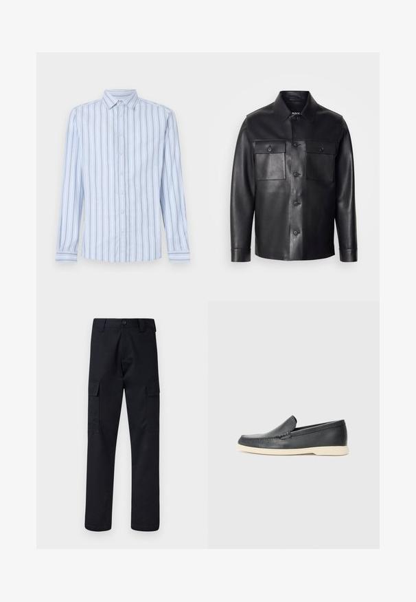 Μαύρο δερμάτινο μπουφάν με κουμπιά μπροστά, δύο τσέπες στο στήθος και κλασικό γιακά. Διαθέτει λεία υφή και εφαρμοστή γραμμή.; Ανοιχτό μπλε πουκάμισο με μακριά μανίκια, λευκές και ναυτικές κατακόρυφες ρίγες, κολάρο με κουμπιά και μπροστινή κλείσιμο με κουμπιά. Ακτινωτή υφασμάτινη υφή.; Μαύρο cargo παντελόνι φτιαγμένο από ανθεκτικό ύφασμα, με κανονική γραμμή στα πόδια, δύο πλαϊνές τσέπες και κουμπί στο κλείσιμο της μέσης.; Μαύρες δερμάτινες loafers με σχέδιο και αντίθετη μπεζ καουτσούκ σόλα. Διαθέτουν μια διακριτική λεπτομέρεια κατά μήκος του εμπρός μέρους.