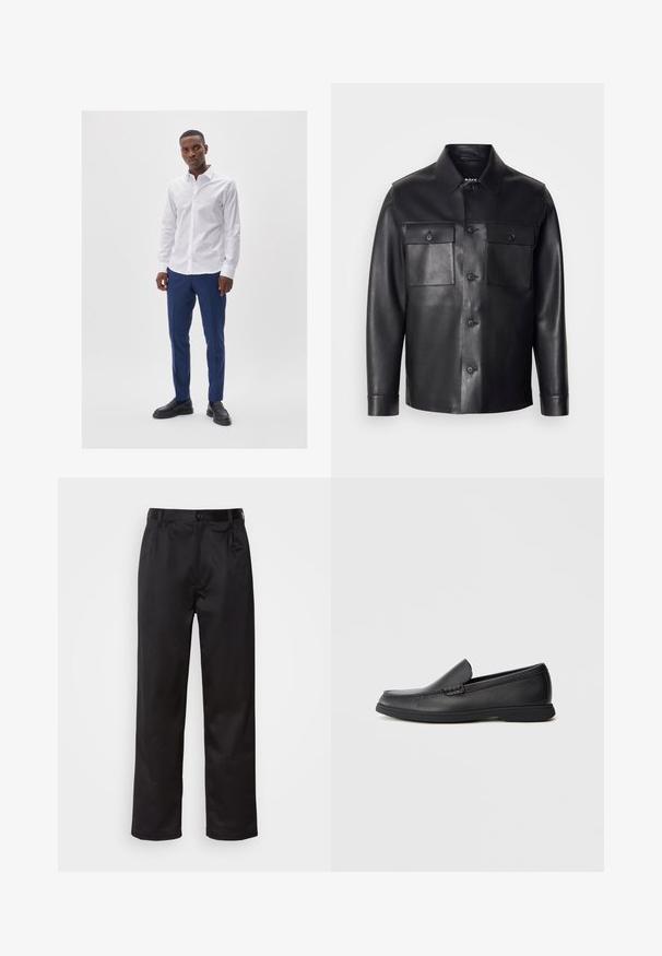 Giacca di pelle nera con chiusura a bottoni, due tasche sul petto e colletto classico. Presenta una texture liscia e un taglio su misura.; Camicia bianca con chiusura a bottoni, abbinata a pantaloni blu. Il modello indossa mocassini neri. Tessuto liscio e vestibilità su misura.; Pantaloni neri realizzati in tessuto morbido, con chiusura frontale a bottone, pieghe e gambe dritte. Nessun motivo o accento visibile.; Mocassino slip-on in pelle nera con sopra testurizzato, punta arrotondata, tacco basso e suola in gomma, mostrato in profilo laterale su sfondo bianco.