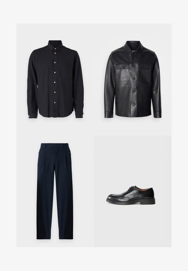 Black leather jacket with a button-up front, two chest pockets, and a classic collar. Features a smooth texture and tailored fit.; Dark gray long-sleeve shirt made from textured fabric. Features a button-down collar, front pocket, and button closure with silver buttons.; Navy blue trousers with a smooth texture, wide-leg design, front pleats, belt loops, and a zip closure. Suitable for formal or casual wear.; Black leather dress shoe with a rounded toe, smooth surface, lace accents, and a low, textured rubber sole. Clean lines and minimal design.