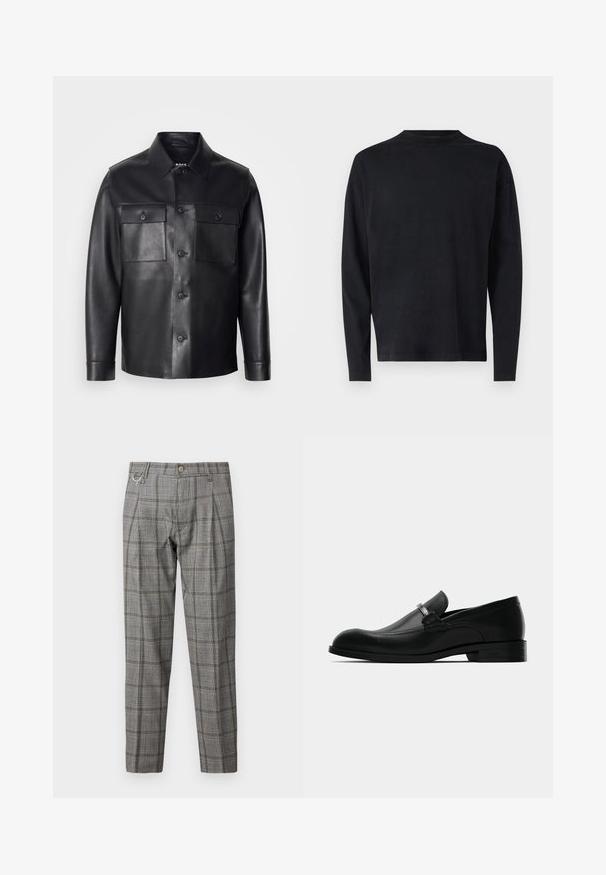 Veste en cuir noire avec une fermeture à boutons, deux poches poitrine et un col classique. Présente une texture lisse et une coupe ajustée.; Chemise noire à manches longues en tissu doux. Présente un col rond et des épaules tombantes. Texture lisse sans motifs visibles.; Pantalons gris à carreaux avec une coupe ajustée, dotés d'une fermeture à bouton, de plis, de poches latérales et d'une boucle métallique décorative.; Mocassins pour hommes en cuir noir avec un détail de boucle en métal, talon bas et semelle marquée, présentés de côté sur un fond blanc.