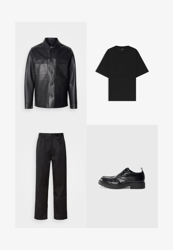 Zwarte leren jas met een knoopsluiting aan de voorkant, twee borstzakken en een klassieke kraag. Heeft een gladde textuur en een getailleerde pasvorm.; Zwarte T-shirt met korte mouwen en ronde hals, met een relaxte pasvorm en een klein "BOSS"label aan de binnenkant van de kraag.; Zwarte broek van een gladde stof, met een sluiting met een knoop aan de voorkant, plooien en rechte pijpen. Geen zichtbare patronen of accenten.; Zwarte leren dresscode met ronde neus, vetersluiting aan de voorkant en een decoratieve naad. Beschikt over een dikke, gestructureerde rubberen zool en een hieltab.