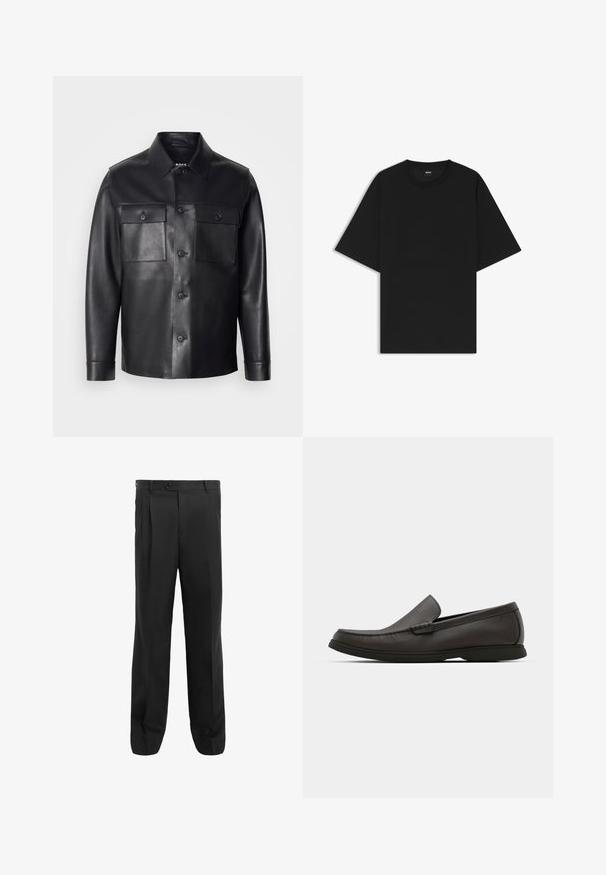 Czarna skórzana kurtka z zapięciem na guziki z przodu, dwiema kieszeniami na piersi i klasycznym kołnierzem. Posiada gładką fakturę i dopasowany krój.; Czarna koszulka z krótkim rękawem i okrągłym dekoltem o luźnym fasonie, z małą metką "BOSS" wewnątrz kołnierzyka.; Czarne spodnie o prostym kroju nogawki, z zakładkami, pojedynczym zapięciem na guzik i szlufkami na pasek. Wykonane z gładkiego materiału.; Ciemnobrązowe skórzane mokasyny z zaokrąglonym noskiem, delikatnym przeszyciem i niską gumową podeszwą. Gładka faktura z elastycznym dopasowaniem.