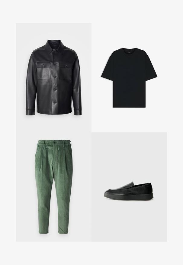 Giacca di pelle nera con chiusura a bottoni, due tasche sul petto e colletto classico. Presenta una texture liscia e un taglio su misura.; Maglietta in cotone nera con scollatura rotonda e maniche corte. Presenta una vestibilità ampia e un design semplice senza motivi o dettagli.; Pantaloni in corduroy verdi con vestibilità regolare, dotati di pieghe, vita elasticizzata e chiusura con un solo bottone. Tessuto liscio e strutturato.; Calvin Klein HYBRID CUP - Scarpe senza lacci - triple black