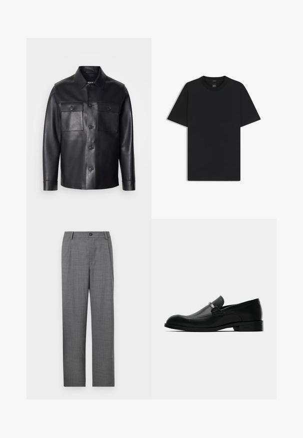 Giacca di pelle nera con chiusura a bottoni, due tasche sul petto e colletto classico. Presenta una texture liscia e un taglio su misura.; Maglietta nera a maniche corte realizzata in un morbido misto cotone, con scollatura a girocollo e un design minimalista senza motivi o dettagli.; Pantaloni grigi su misura con un sottile motivo a righe, chiusura frontale con bottone e design a gamba dritta. Senza tasche visibili.; Mocassino da uomo in pelle nera con dettaglio in metallo, tacco basso e suola con marchio, mostrato di lato su uno sfondo bianco.