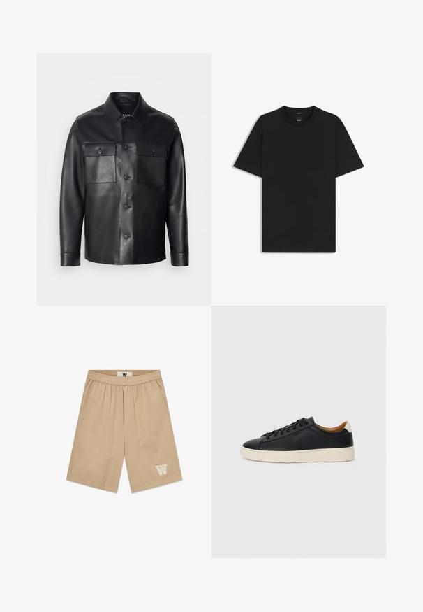 Sort læderjakke med knaplukning foran, to brystlommer og en klassisk krave. Har en glat overflade og en skræddersyet pasform.; Sort kortærmet T-shirt lavet af en glat bomuldsblanding, med en rund halsudskæring og et minimalistisk design uden mønstre eller accenter.; Beige shorts lavet af letvægtsstof med elastisk talje, sidelommer og en hvid logoaccent på det nederste venstre ben.; Sorte lædersneakers med en glat overflade, beige gummisål, snørebåndsdesign og en kontrastfarvet hæl.