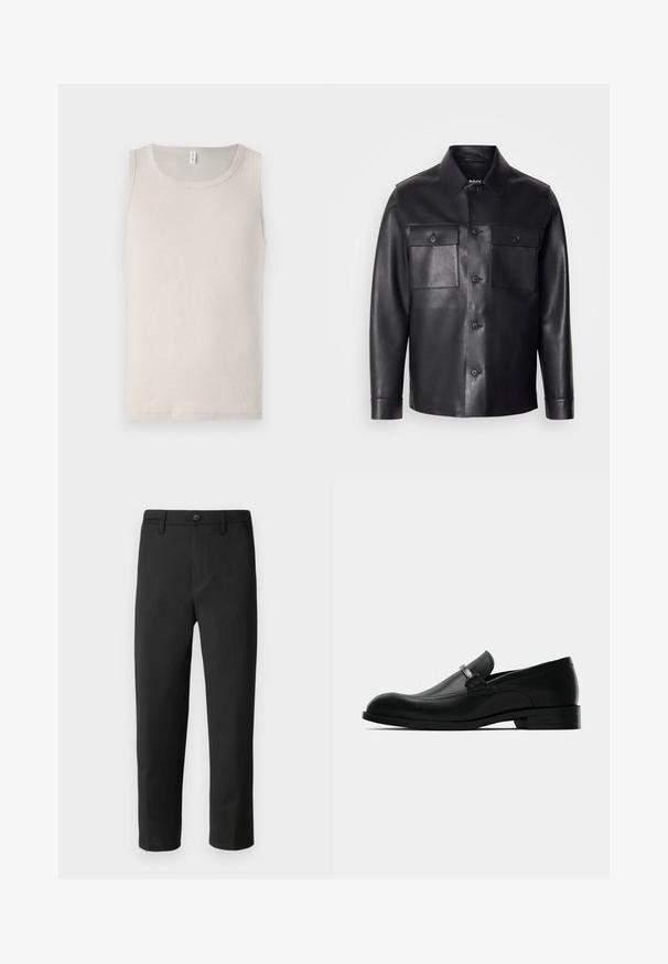 Chaqueta de cuero negra con cierre de botones en el frente, dos bolsillos en el pecho y un cuello clásico. Presenta una textura suave y un ajuste entallado.; Camiseta sin mangas de color beige claro, hecha de suave algodón, con un escote redondo y un diseño de textura lisa y acanalada.; Pantalones negros de corte recto, hechos de una tela lisa. Cuentan con un cierre de botón y trabillas para cinturón. Sin patrones ni acentos visibles.; Mocasín negro de cuero para hombres con detalle de hebilla metálica, tacón bajo y suela con marca, visto de lado sobre un fondo blanco.