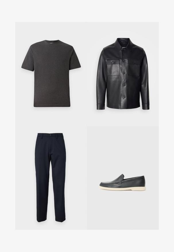 Černá kožená bunda s knoflíkovým zapínáním, dvěma náprsními kapsami a klasickým límcem. Vyznačuje se hladkou texturou a přiléhavým střihem.; Šedé tričko s krátkým rukávem vyrobené z jemné, lehké tkaniny s kulatým výstřihem a minimálním množstvím švů. Vhodné pro volnočasové nošení.; Námořnické modré kalhoty vyrobené z hladkého materiálu, s předním knoflíkem, rovnými nohavicemi a bočními kapsami. Žádné vzory ani ozdoby nejsou viditelné.; Černé kožené mokasíny na klínku s texturovaným povrchem a kontrastní béžovou gumovou podrážkou. Vyznačují se jemným akcentem podél přední části.