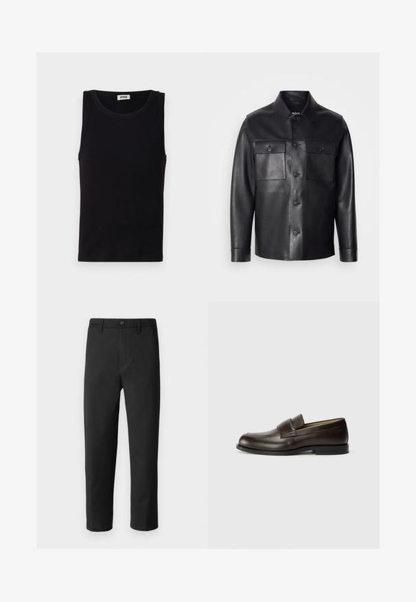 Black leather jacket with a button-up front, two chest pockets, and a classic collar. Features a smooth texture and tailored fit.; Black sleeveless tank top made from soft cotton. Features a rounded neckline and straight cut, with minimal stitching detail.; Black trousers with a straight cut, made from smooth fabric. Features a button closure and belt loops. No visible patterns or accents.; Calvin Klein Slip-ons - cocoa brown