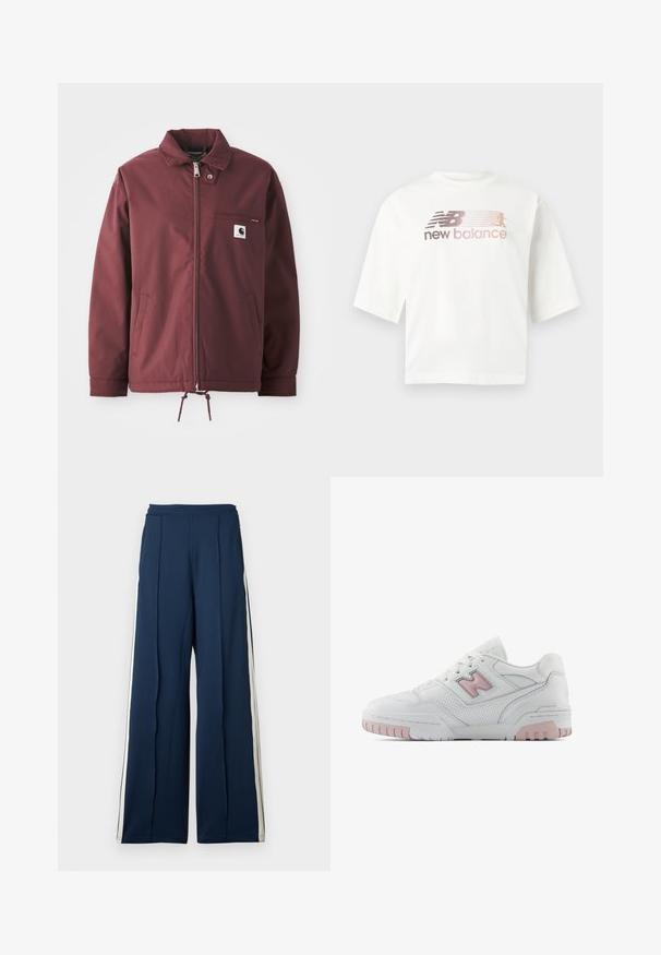 Burgunderfarbene Utility-Jacke aus strapazierfähigem Material. Mit einem Reißverschluss vorne, Stehkragen, Brusttasche und verstellbarem Kordelzug am Saum.; Weißes kurzärmeliges T-Shirt aus Baumwolle mit einem Farbverlauf-Logo in Rosa und Grau sowie dem Text „new balance“ unter dem Logo.; Weite Hose aus dunkelblauem Stoff mit seitlichen Streifen in Creme. Besitzt einen hohen Taillenbund und gefältelte Details für zusätzliche Struktur.; Weiße Sportschuh mit pinken Akzenten. Verfügt über glattes Leder, perforierte Abschnitte und eine dicke Gummisohle. Die Schnürsenkel sind im Standardstil.