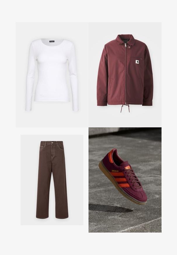 Casaco utilitário borgonha feito de tecido durável. Apresenta fecho de correr à frente, colarinho alto, bolso no peito e cordão ajustável na barra.; Top branco canelado de mangas longas com um decote redondo. Feito de um tecido elástico que se ajusta ao corpo. Apresenta linhas horizontais sutis.; Calças de denim largas de cor castanha com costura em contraste, cinco bolsos e fecho de botão metálico. Tecido suave, corte reto.; Sneaker de camurça castanha com riscas e realces laranja, atacadores castanhos e sola de borracha. Apresenta uma etiqueta de logótipo na língua.