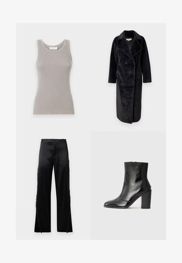 Kaksirivine must tehiskarv mantel, millel on nurgelised kraed, pikad varrukad ja kuus nuppu. Pehme tekstuur ja keskmise pikkusega disain.; Hall hallidega helehall tank top ümmarguse kaeluse ja laia õlarihmaga. Omab pehmet tekstuuri ja keha järgivat disaini. Brändi silt on nähtav.; Mustad satiinpüksid laia säärega, mille külgseintel on fruuride detailid ja lame talje. Seljaosa on lihtne, ilma taskuteta.; Must kõvale nahast pahklipsu saapad, millel on sile tekstuur, terav varvas ja paks kõrge kann. Omab külgavatust ja minimalistlikku disaini.