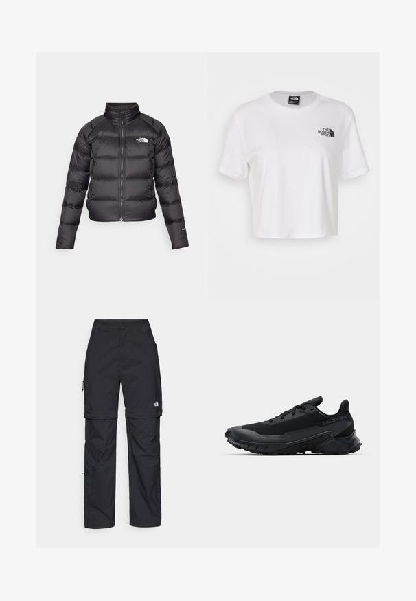 Giacca a vento nera con colletto alto, chiusura con zip e tasche laterali. Presenta sezioni trapuntate e un logo sul petto. Leggera e isolante.; T-shirt bianco cropped in cotone con scollo rotondo e maniche corte. Presenta un logo nero sul lato sinistro del petto.; Pantaloni cargo in nylon nero con zip rimovibile, polsini regolabili, molteplici tasche e un logo sulla gamba destra. Tessuto liscio e leggero.; Scarpa da corsa nera con suola in gomma testurizzata, materiale superiore traspirante e lacci piatti. Presenta un tallone di supporto e un design elegante.