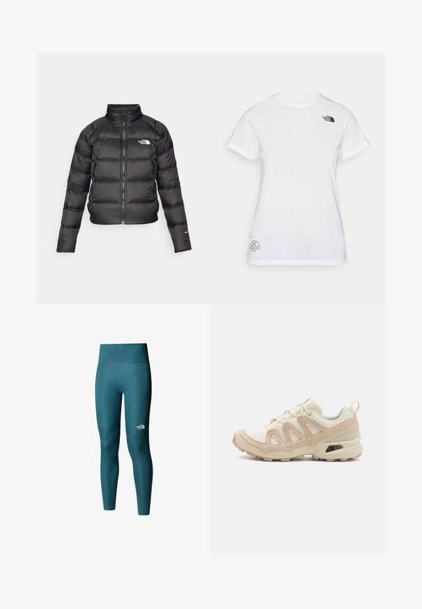 Zwarte gewatteerde jas met een hoge kraag, ritsluiting en zijzakken. Heeft geborduurde secties en een logo op de borst. Lichtgewicht en geïsoleerd.; Witte katoenen t-shirt met een zwart logo op de linkerborst en een grijs grafisch ontwerp rechtsonder. Klassieke ronde hals en korte mouwen.; The North Face W FLEX 28IN TIGHT - Legging - space; Beige en crème sportschoen met een textuur-mesh bovenwerk, ondersteunende overlays en een rubberen zool met een profielpatroon voor grip.