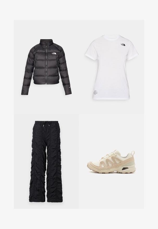 Svart pufferjacka med hög krage, dragkedjestängning och sidofickor. Har kviltade sektioner och en logotyp på bröstet. Lättviktig och isolerad.; Vit bomullströja med en svart logotyp på vänster bröst och en grå grafisk design längst ned till höger. Klassisk rund hals och korta ärmar.; Svarta, lätta, quiltade byxor med en rynkad textur, elastisk midja och dragsko, med raka ben och utan fickor.; Beige och krämfärgad atletisk sko med texturerad meshovandel, stöttande överdrag och gummisulor med ett mönster för grepp.