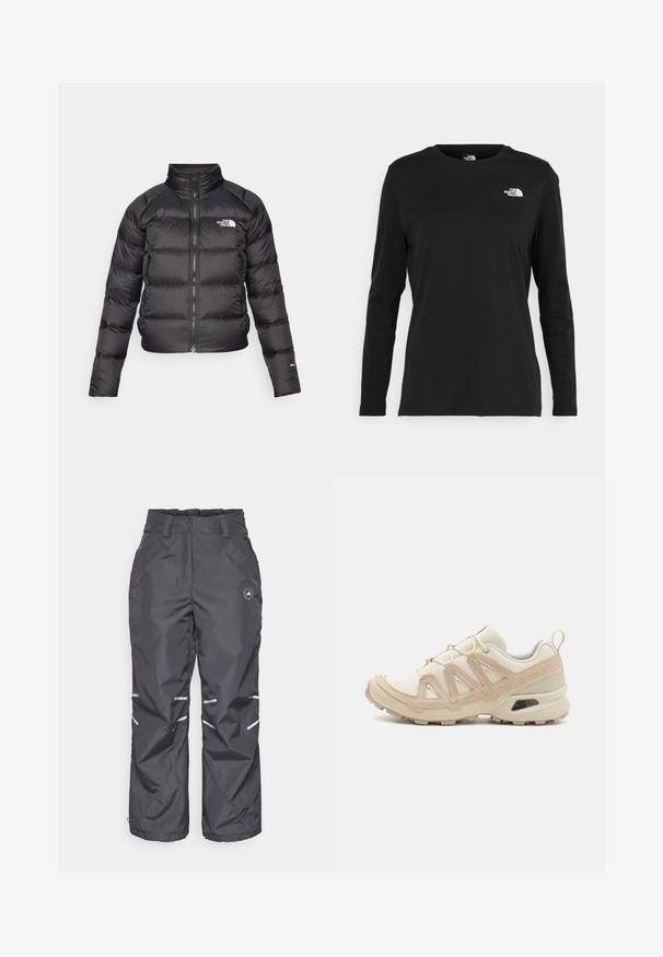 Svart pufferjakke med høy krage, glidelås og sidelommer. Har quiltede seksjoner og en logo på brystet. Lett og isolert.; Svart langermet T-skjorte laget av bomull med rund hals. Har en liten hvit logo på venstre brystområde. Enkelt design og passform.; Grå vanntette snøbukser med avslappet passform, justerbar midje, reflekterende striper og et logo-patch på venstre lår. Glatt tekstur.; Beige og krem joggesko med teksturert mesh-overdel, støttende overlegg og gummisåle med et mønster for godt grep.
