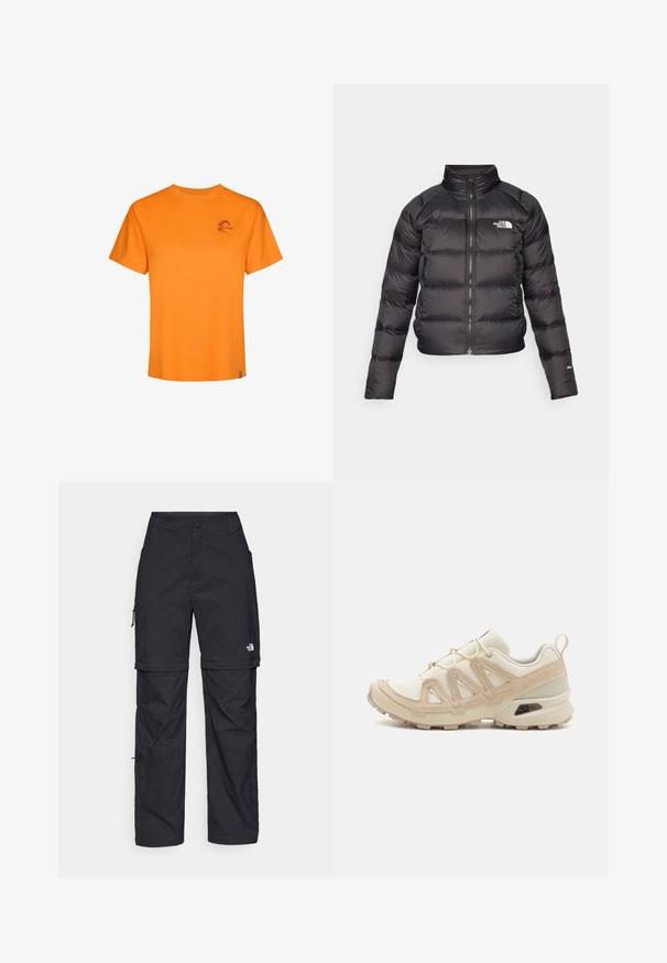 Black puffer jacket with a high collar, zip closure, and side pockets. Features quilted sections and a logo on the chest. Lightweight, insulated.; Orange cotton t-shirt with short sleeves, crew neckline, and a small purple logo on the left chest. Smooth texture, casual fit.; Black nylon zip-off cargo trousers with adjustable cuffs, multiple pockets, and a logo on the right leg. Smooth, lightweight texture.; Beige and cream athletic shoe with textured mesh upper, supportive overlays, and rubber outsole featuring a tread pattern for traction.