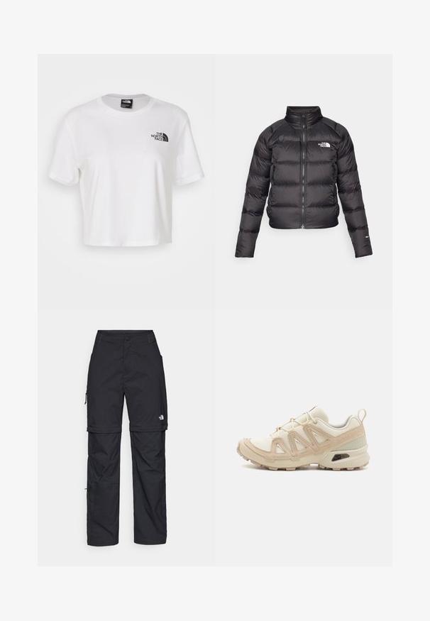 Zwarte gewatteerde jas met een hoge kraag, ritsluiting en zijzakken. Heeft geborduurde secties en een logo op de borst. Lichtgewicht en geïsoleerd.; Witte gekorte t-shirt gemaakt van katoen met een ronde hals en korte mouwen. Heeft een zwart logo op de linkerkant van de borst.; Zwarte nylon cargo broek met afneembare pijpen, verstelbare manchetten, meerdere zakken en een logo op het rechterbeen. Gladde, lichte textuur.; Beige en crème sportschoen met een textuur-mesh bovenwerk, ondersteunende overlays en een rubberen zool met een profielpatroon voor grip.