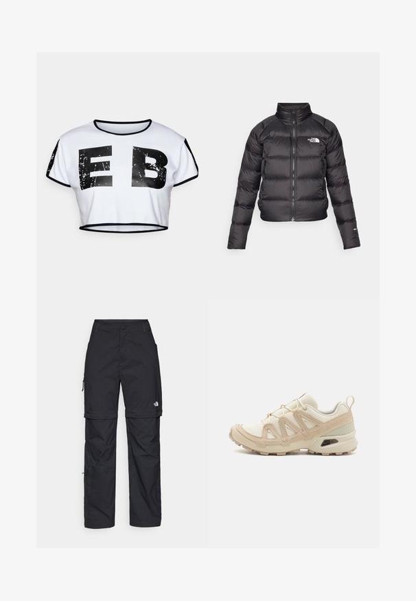 Black puffer jacket with a high collar, zip closure, and side pockets. Features quilted sections and a logo on the chest. Lightweight, insulated.; White cropped t-shirt with black accents. Features large, distressed black letters "E" and "B" on the front. Soft material, relaxed fit.; Black nylon zip-off cargo trousers with adjustable cuffs, multiple pockets, and a logo on the right leg. Smooth, lightweight texture.; Beige and cream athletic shoe with textured mesh upper, supportive overlays, and rubber outsole featuring a tread pattern for traction.